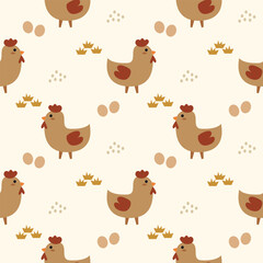 Chicken cartoon so cute. On egg grass background. Pattern seamless vector illustration. 
