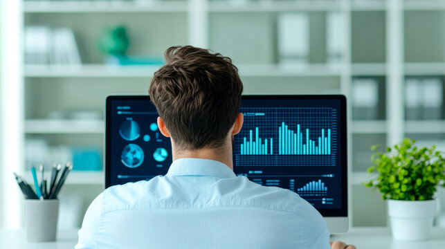 A man in a white shirt analyzes data and charts displayed on a computer screen in a modern office setting.