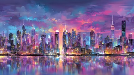 Obraz premium The silhouette of the city skyline at sunset features tall buildings that glow and reflect in the water, creating a colorful urban scene