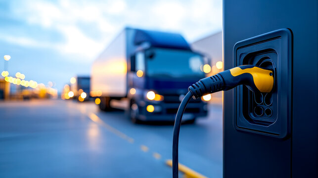 An electric vehicle charging station in focus with a large truck blurred in the background at dusk.