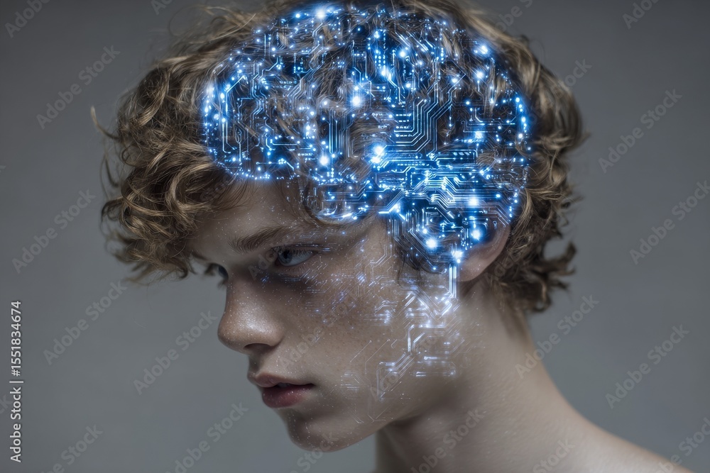 Poster a young man's profile is depicted with a glowing digital brain network, representing innovation in a