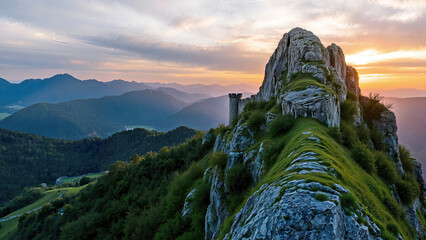 Sunset landscape with a dominant rocky mountain and ruins of a castle, a tower with ramparts. Distant beautiful view of the mountains in sunlight and sun rays. Background, wallpaper.