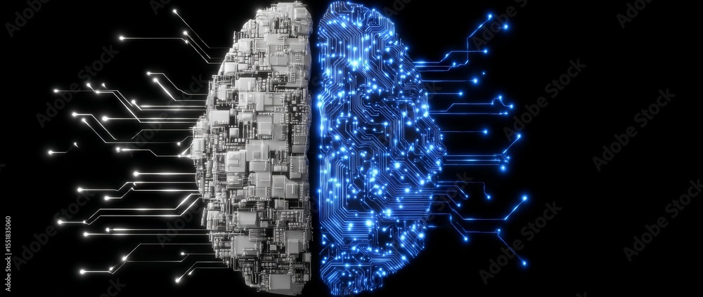 Aufkleber a close-up depiction of the brain integrating with technology, representing stock concepts