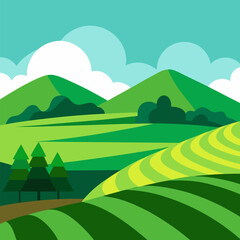 Obraz premium Green terraces and rolling hill vector landscape background.
