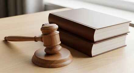 Wooden judge gavel and legal books on table. Concept of law, court decisions, legal authority and justice system.