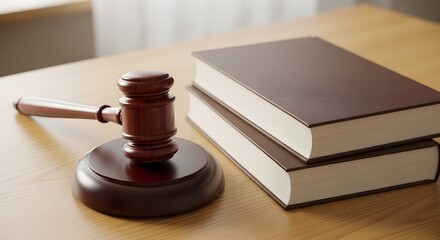 Wooden judge gavel and legal books on table. Concept of law, court decisions, legal authority and justice system.