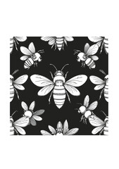 Illustration of Bees and Flowers on Black Background