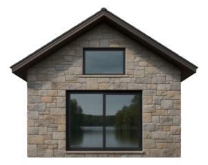 Facade with quartzite cladding stone, offering a resilient and striking look for a lakeside cabin.