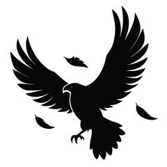 Fototapeta premium Black silhouette of eagle with spread wings and falling feathers