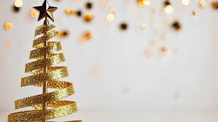 Golden ribbon and christmas winter tree shape, with glittering lights forming white background, perfect for holiday projects - Powered by Adobe