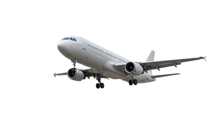 A sleek modern passenger jet plane with multi-wheeled landing gear extended, turbofan engines, and illuminated cockpit, isolated on a transparent background with bright studio lighting, 3/4 low