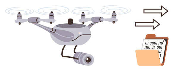Surveillance drone with camera transmitting binary data to folder, highlighting tech-driven file sharing, data analysis, and remote monitoring. Ideal for technology, surveillance, communication, data