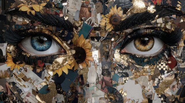 Mixed Media Art featuring a Vibrant Collage of Blue Eyes and Sunflowers made with Colorful Magazine Clippings and Paper - Powered by Adobe
