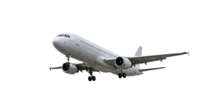 A sleek modern passenger jet plane with multi-wheeled landing gear extended, turbofan engines, and illuminated cockpit, isolated on a transparent background with bright studio lighting, 3/4 low