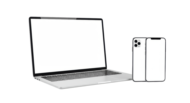 Modern silver laptop with black bezel and bright screen, beside a thin smartphone with rounded corners and notch, against a transparent background, conveying digital connectivity and modern