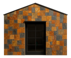 Facade with mosaic stone cladding, creating a decorative facade for an artist?s studio.