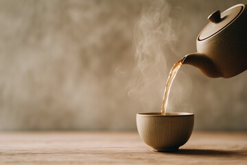 Teapot pouring hot tea into ceramic cup with steam in warm muted setting