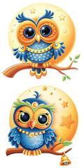 Cute cartoon owls sitting on branches under a colorful moon, joyful expressions, whimsical design

