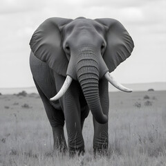 Naklejka premium Close-up black-and-white shot of an African elephant with massive tusks in a grassy savanna under an overcast sky.