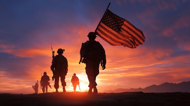 Soldiers Marching with American Flag at Sunset on Independence Day