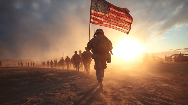Soldiers Marching with American Flag at Sunset on Independence Day - Powered by Adobe