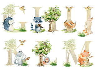 Watercolor musical animals letters for invitation card, nursery poster and other.