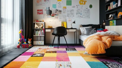 Scandi kids' room: colorful rug, toys, black chair, wall stickers.