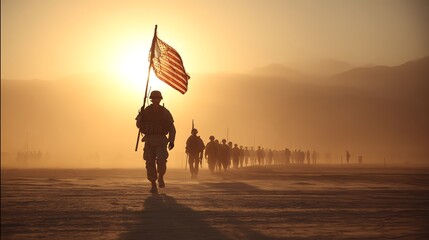 Soldiers Marching with American Flag at Sunset on Independence Day