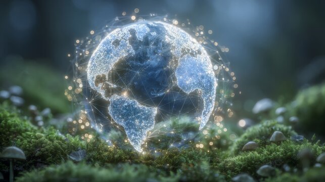 On green grass, the globe rests, surrounded by network connections, and eco-friendly supply chains use AI-driven technology for smart logistics optimization, identifying waste reduction as a crucial