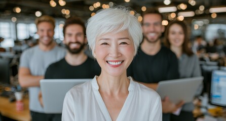 A marketing company's staff, comprising laptop-using coworkers and a senior woman mentor, engage in collaborative teamwork, focusing on project planning, digital research, and computer-based