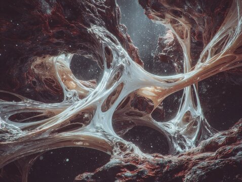 The abstract biophilic biopolymer installation is presented as a detailed art object closeup