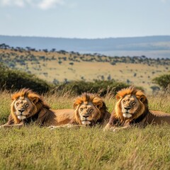 Male lions rest in Maasai Mara savannah, Africa.