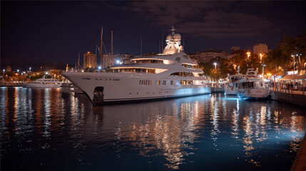 An opulent yacht in the harbour at night 