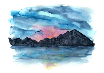 Abstract blue, pink and indigo watercolor seaside landscape with mountains and sky sunset. Bright evening sunset marine watercolour textured concept for greeting cards design, background, surface