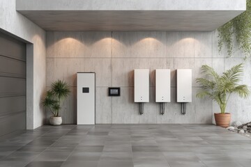 Concept of a home battery packs alternative electric energy storage system, a modern home garage wall as backup or sustainable energy concepts. MZ 