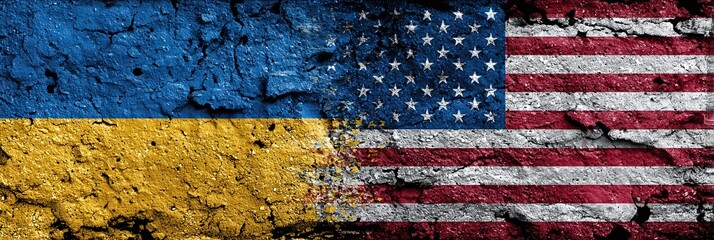 national flag of USA and Ukraine with cracks in concrete wall