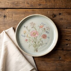 Floral pattern ceramic plate and linen napkin styled on rustic wood table, overhead view background mockup copy space cottagecore 