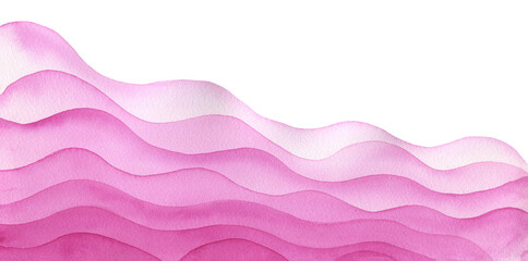 Artistic watercolour bright magenta pink diagonal wavy layered paper cut border background. Hand painting rose colour watercolor overlay waves frame for banner, invitation, nature poster design