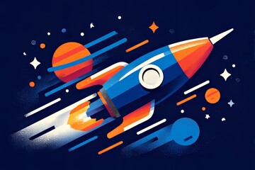 Naklejka premium In the depths of outer space, a cartoon spaceship begins its thrilling journey, exploring the wonders among the planets and stars in the vast starry expanse