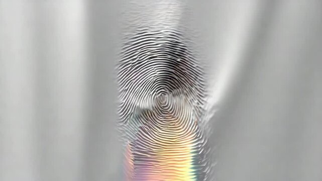 Fingerprint on Distorted Metal with Glitch Fragments, Digital Identity Symbolism