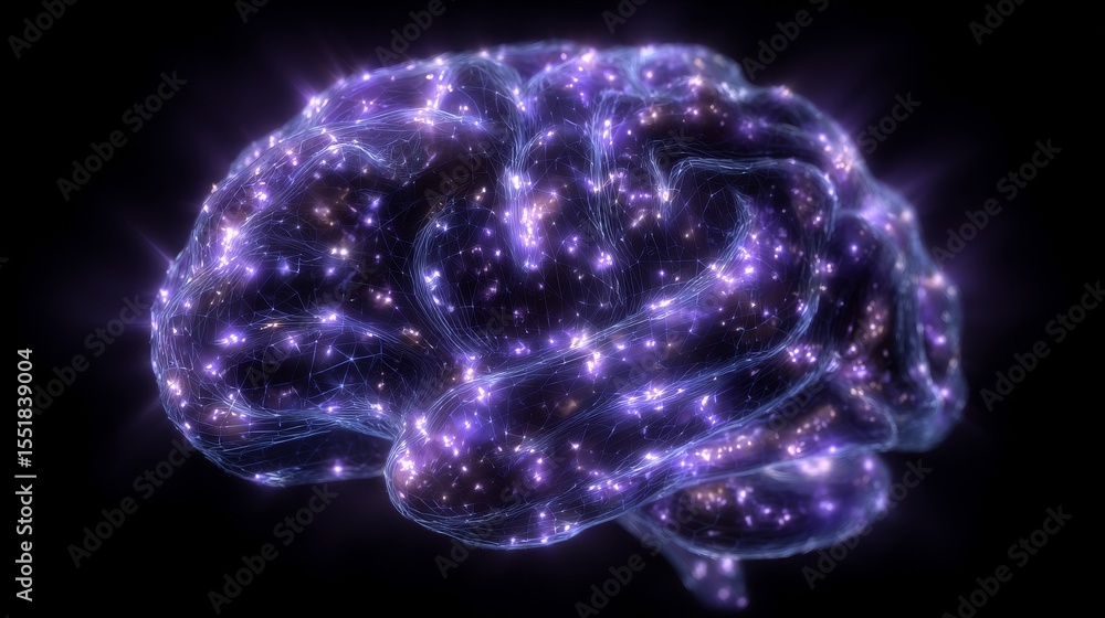 Aufkleber stock imagery features a human brain wired into a digital network, its synapses aglow, as it undergo