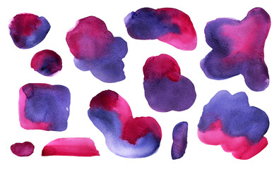 Set of vibrant textured pink and dark purple gradient watercolor painted organic shapes. Vibrant blue and magenta watercolour stains for decoration, wedding greeting cards, abstract design
