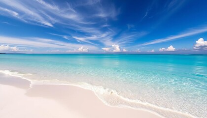 Obraz premium Gleaming white sand stretches to a turquoise sea under a vibrant sky, turquoise, peaceful