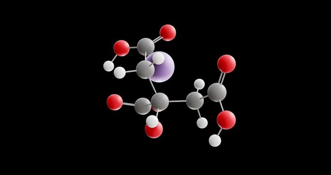 Monosodium citrate molecule, rotating 3D model of e331i, looped video on a black background