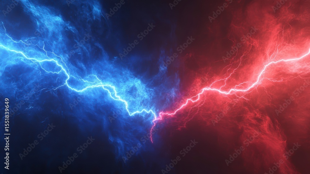 Poster abstract image of blue and red lightning colliding in a dark sky.