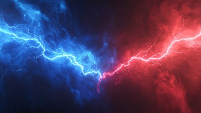 Abstract image of blue and red lightning colliding in a dark sky.