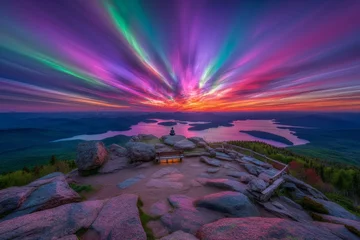 Fototapeten A peaceful atmosphere of harmony is symbolized by a man meditating in front of a serene mountainside and lake landscape at sunrise © Smaev