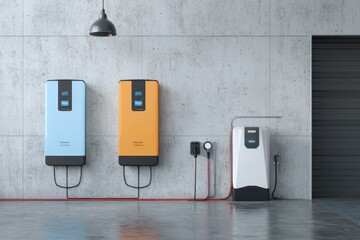 Concept of a home battery packs alternative electric energy storage system, a modern home garage wall as backup or sustainable energy concepts. MZ 