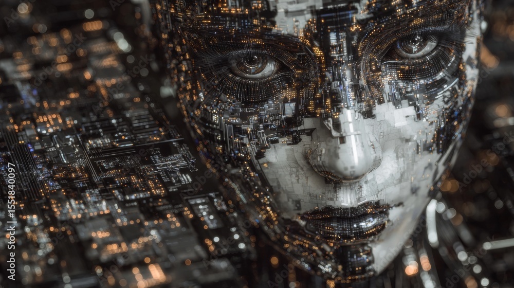 Poster conceptual representation of a human face in digital form, symbolizing stock for large data sets or 