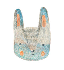 Cute crayon pencil hand drawing blue rabbit head with pink cheeks illustration. Hand painting hare animal textured portrait for birthday greeting card design, nursery poster, invitation, sticker